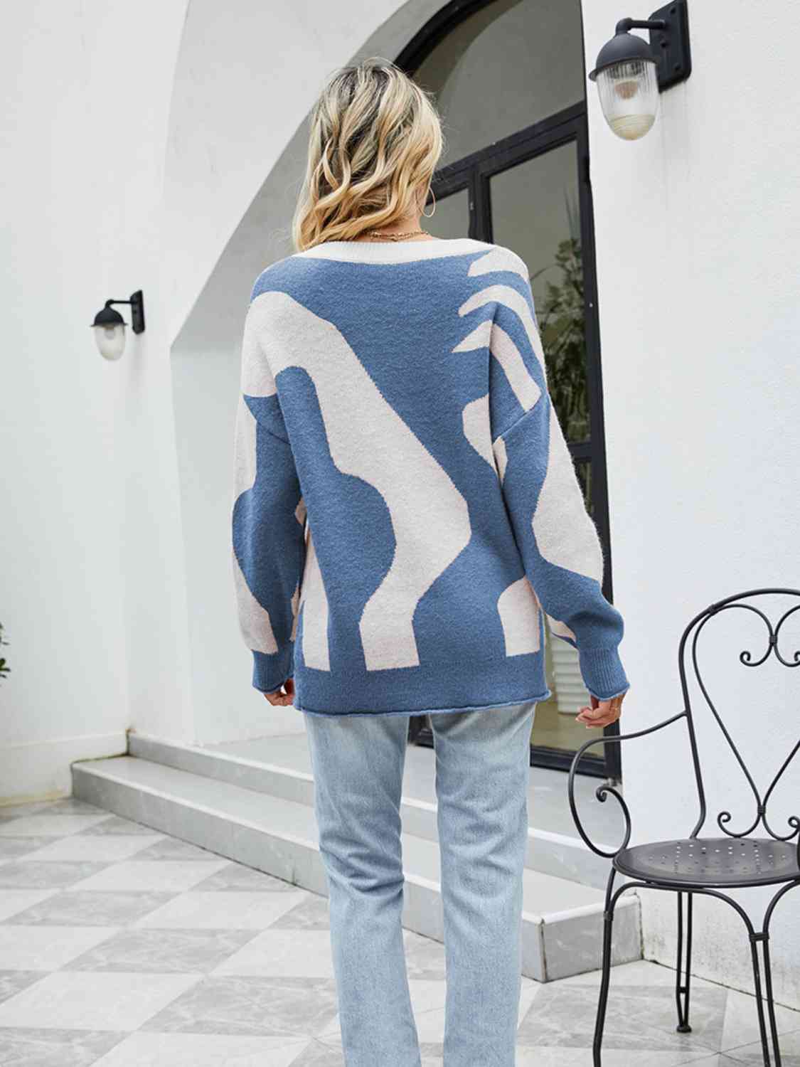 Buttoned Round Neck Drop Shoulder Sweater