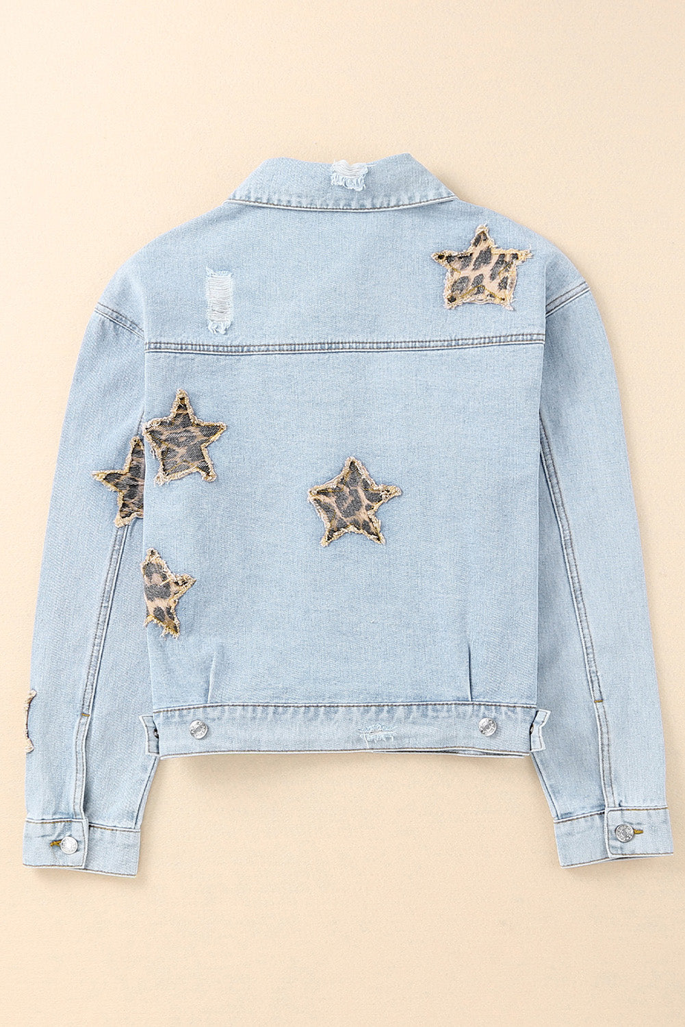 Leopard Star Applique Distressed Denim Jacket - SHIRLYN.CO