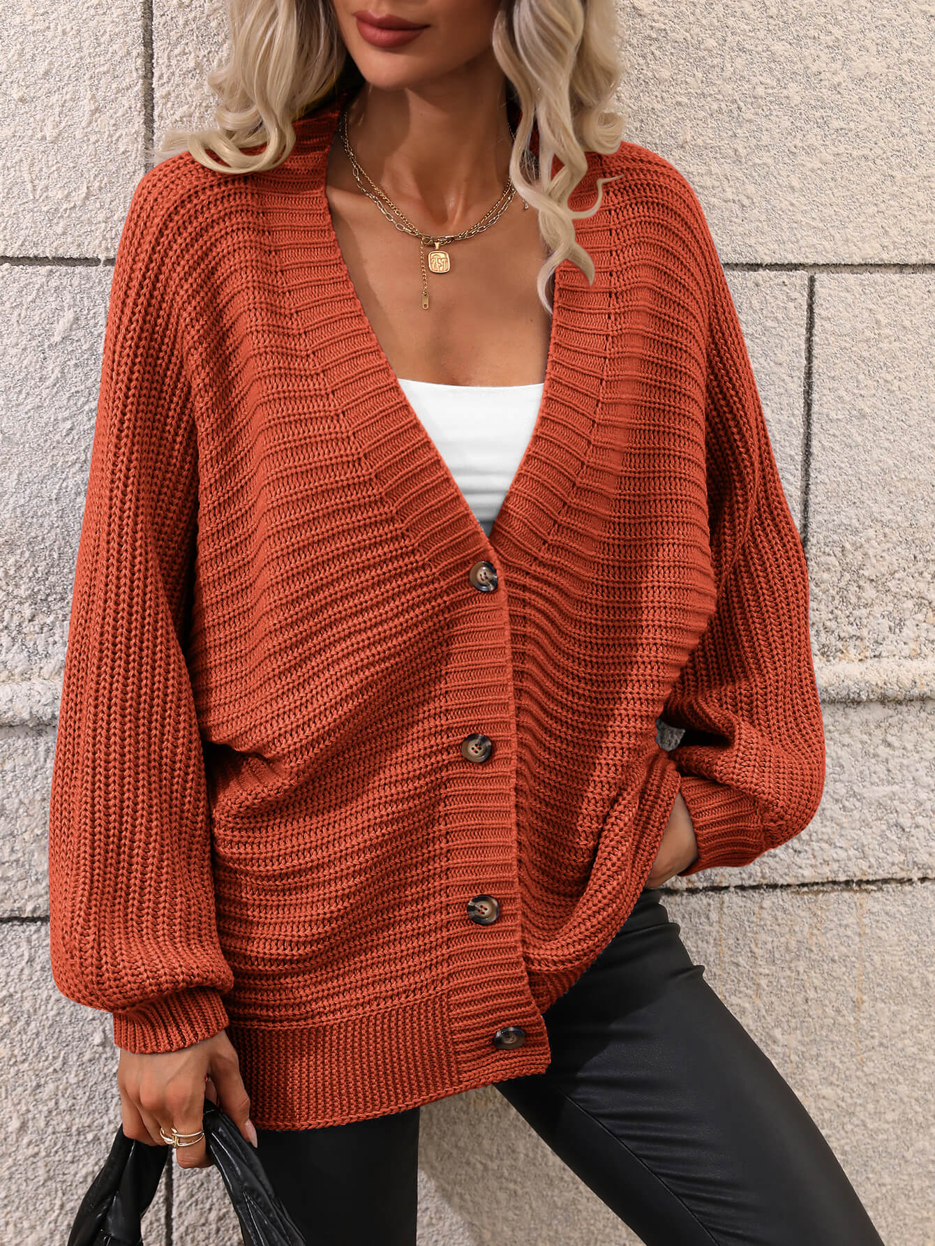 Button Down Horizontal-Ribbing Longline Cardigan - SHIRLYN.CO