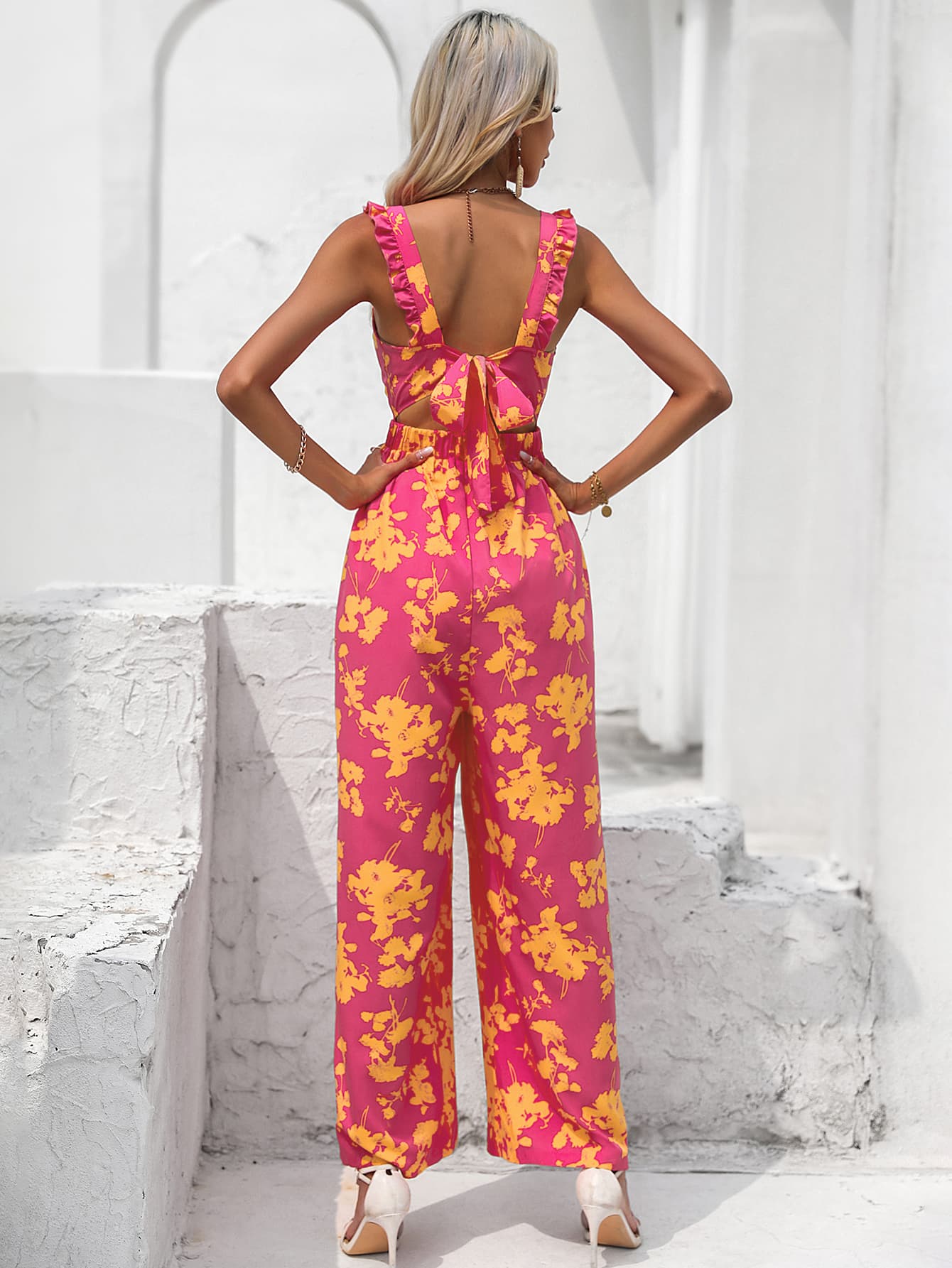 Shirlyn Luxe - Floral Square Neck Cutout Tie Back Jumpsuit - SHIRLYN.CO