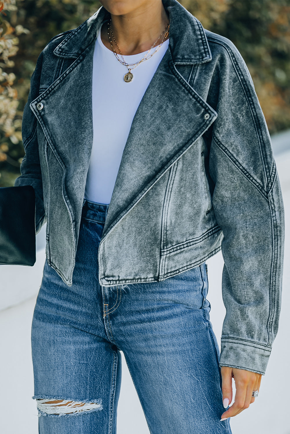 Acid Wash Lapel Collar Cropped Denim Jacket - SHIRLYN.CO