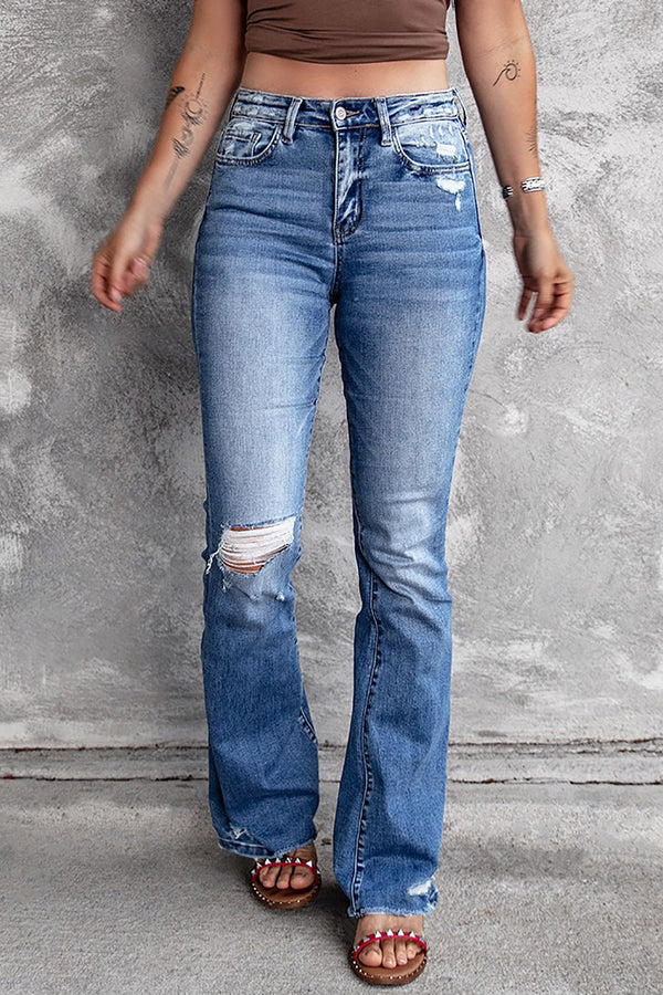 Distressed Flared Jeans with Pockets - SHIRLYN.CO