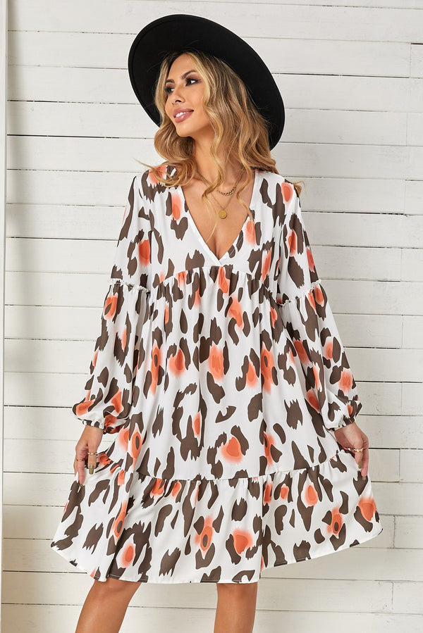 Printed V-Neck Long Sleeve Dress