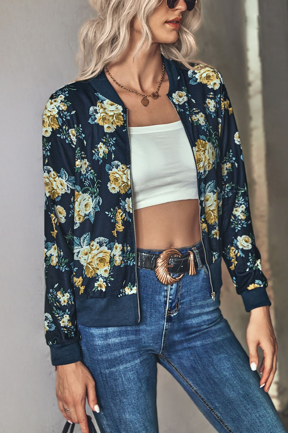 Floral Zip Up Ribbed Trim Bomber Jacket - SHIRLYN.CO