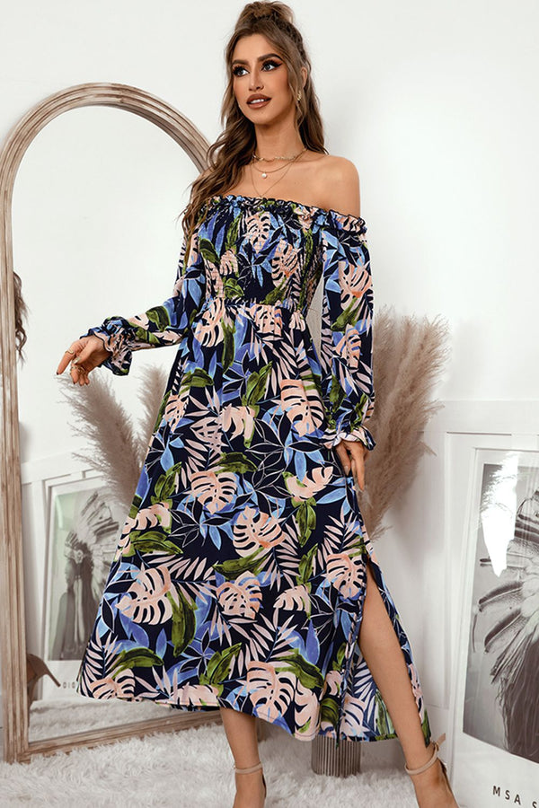 Botanical Print Off-Shoulder Flounce Sleeve Dress - SHIRLYN.CO