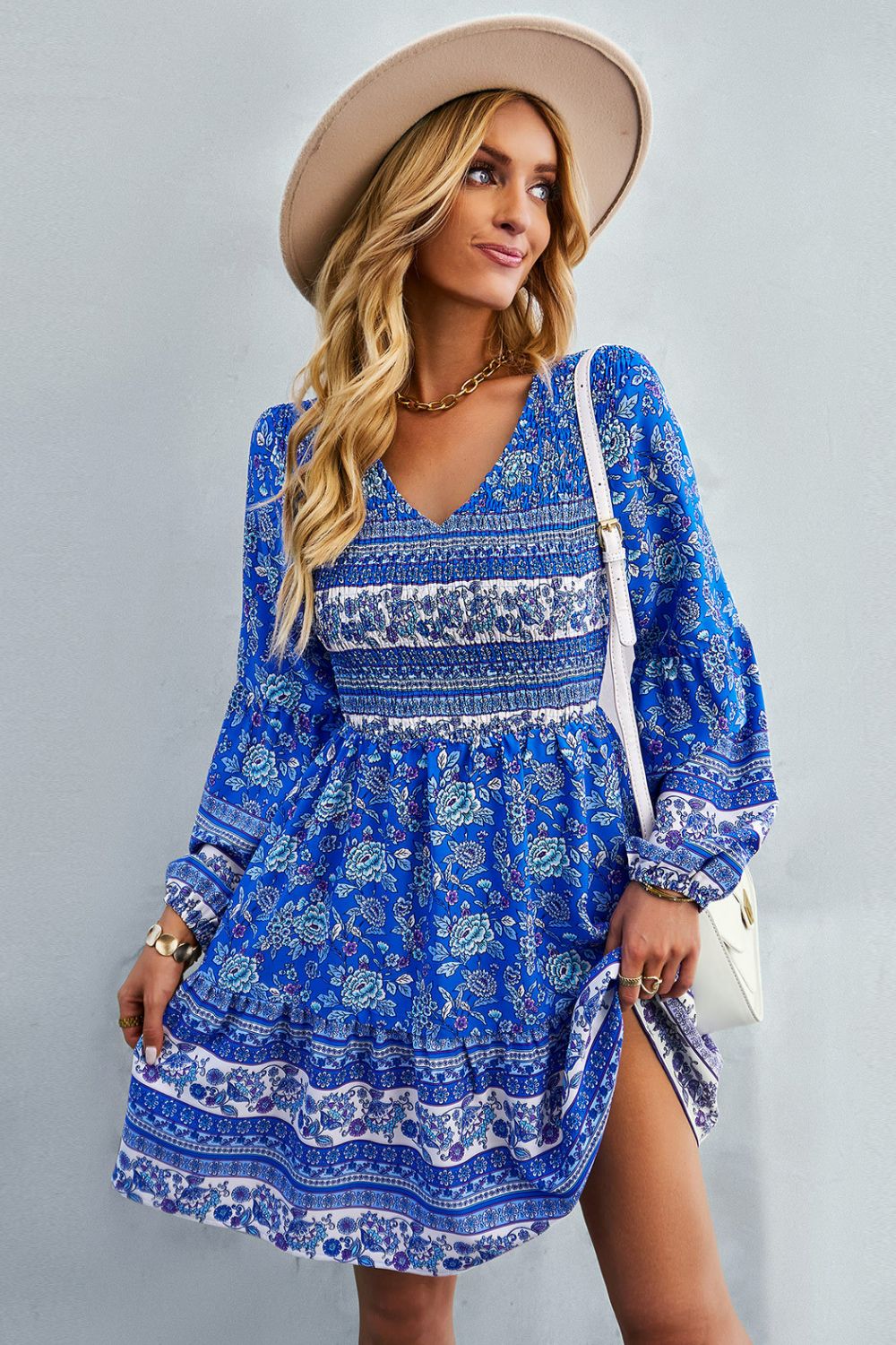 Bohemian V-Neck Balloon Sleeve Dress - SHIRLYN.CO