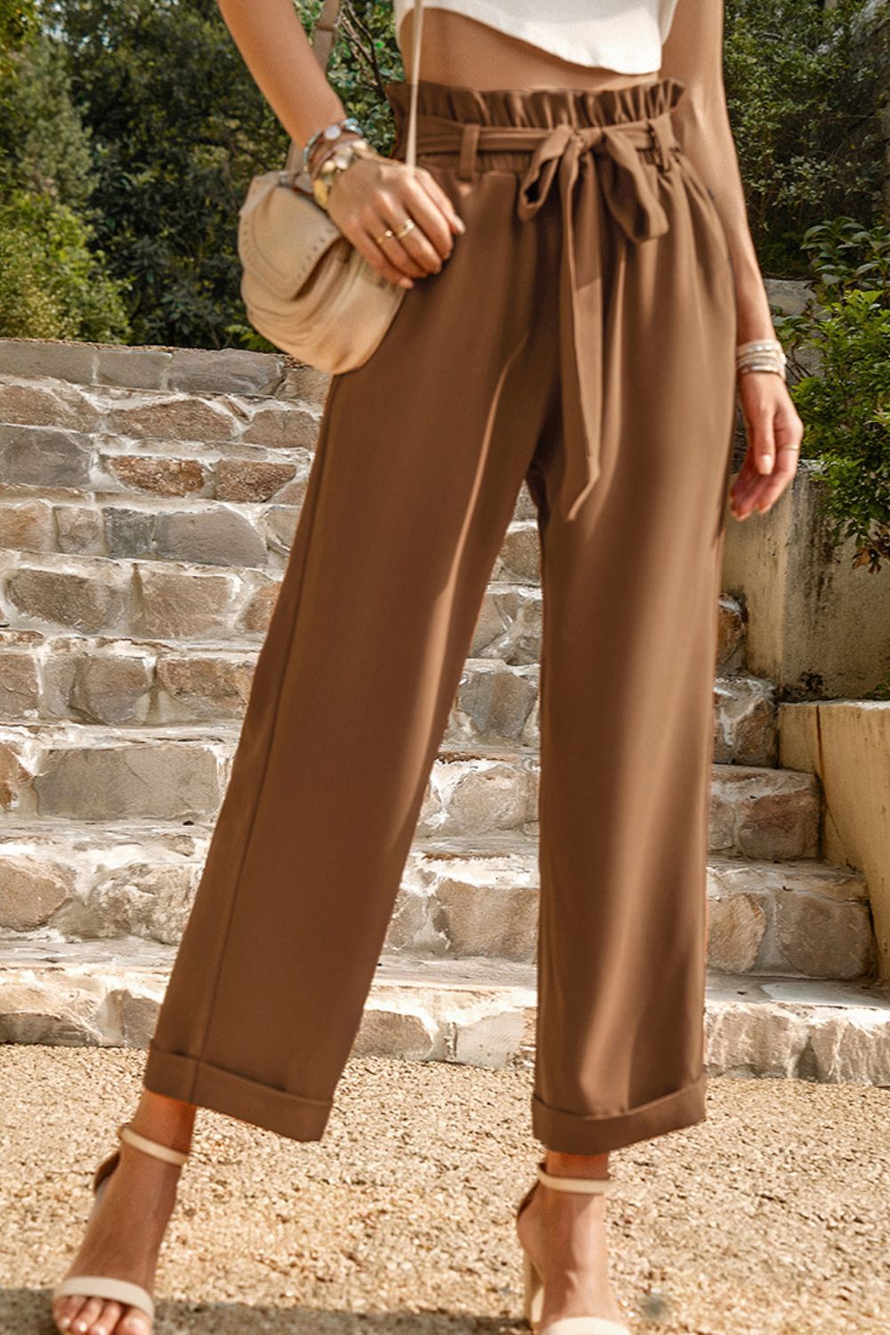 Tie Belt Paperbag Waist Straight Leg Pants - SHIRLYN.CO