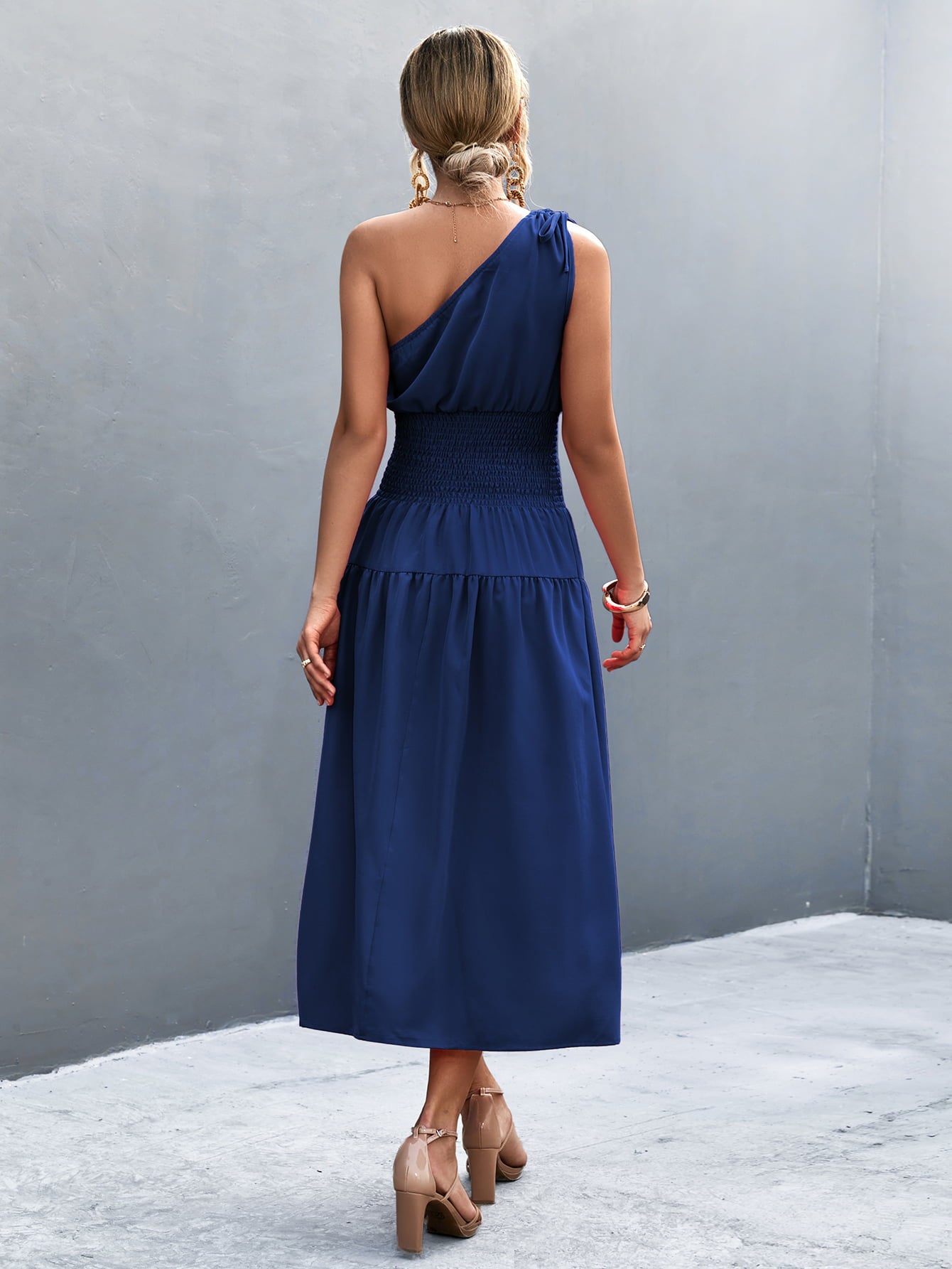 Asymmetrical One Shoulder Smocked Waist Midi Dress - SHIRLYN.CO