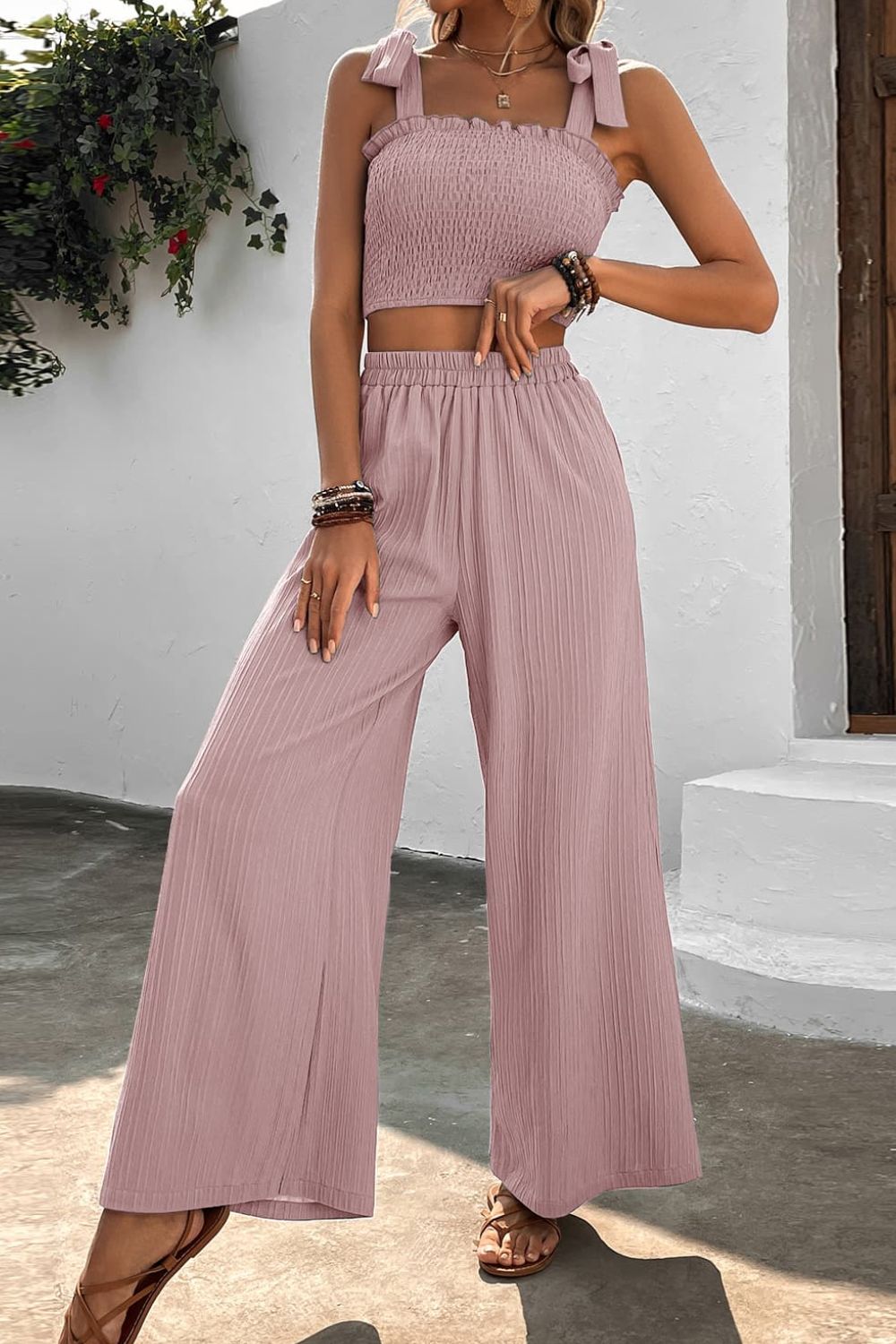 Tie Shoulder Smocked Crop Top and Wide Leg Pants Set - SHIRLYN.CO