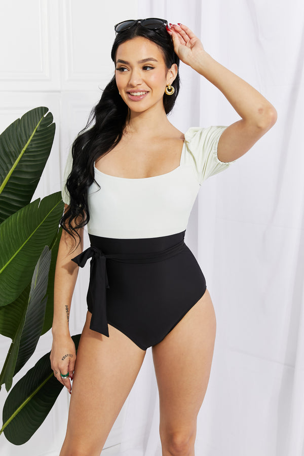 Marina West Swim Salty Air Puff Sleeve One-Piece in Cream/Black - SHIRLYN.CO