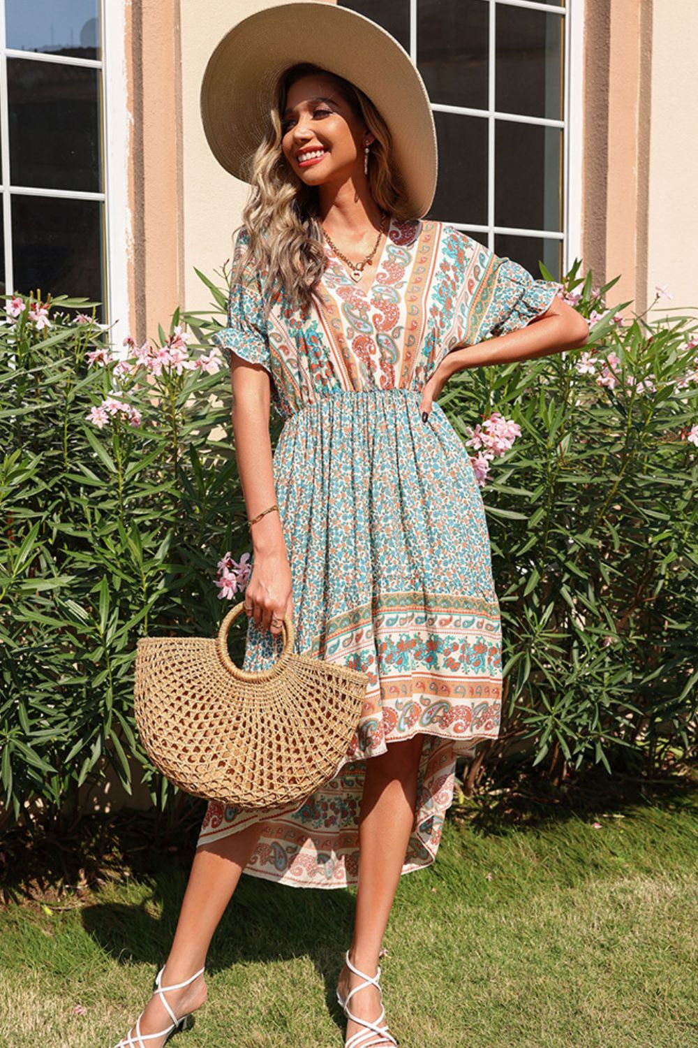 Bohemian Tie Back Flounce Sleeve Dress - SHIRLYN.CO