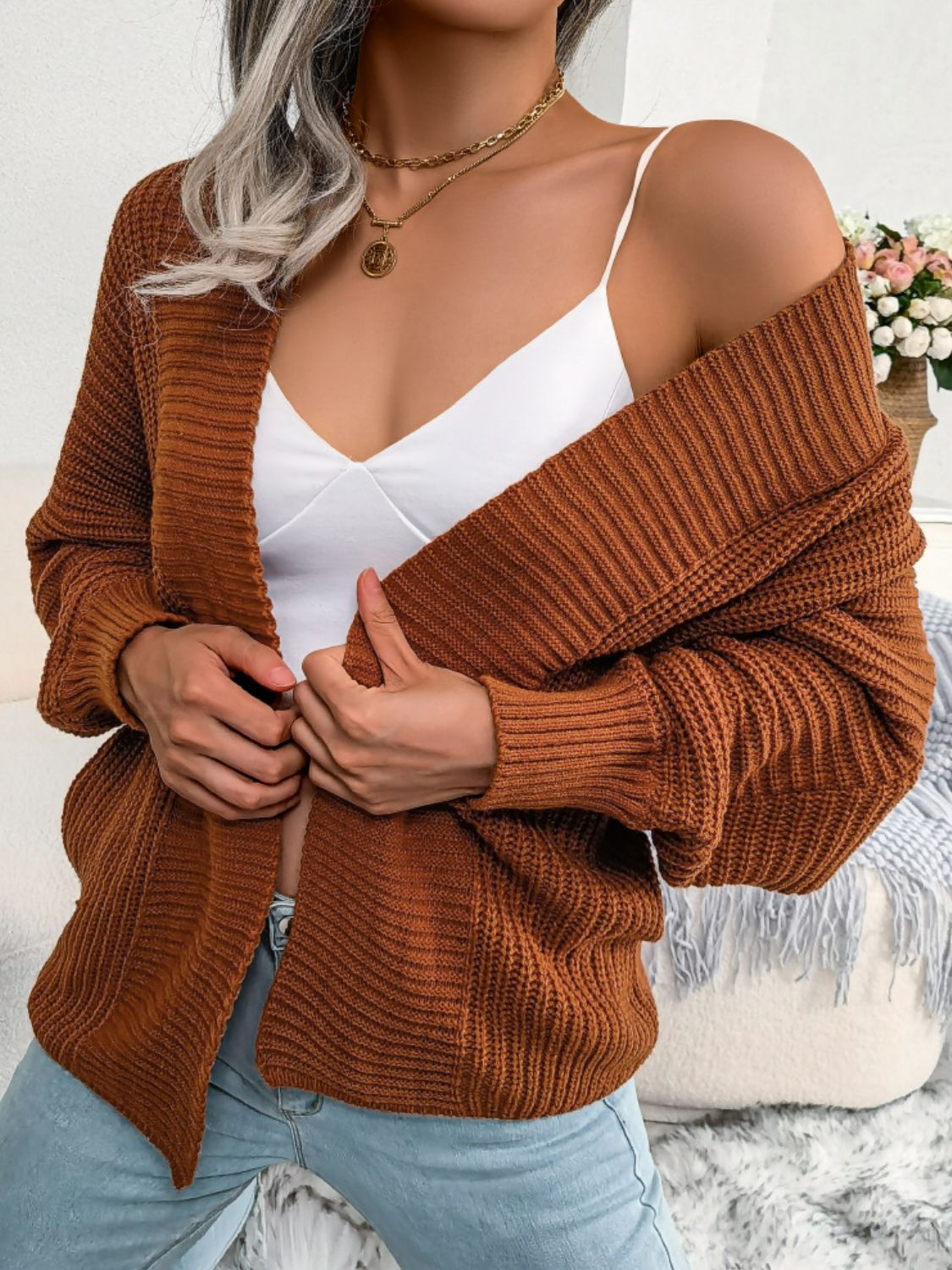 Rib-Knit Open Front Dolman Sleeve Cardigan - SHIRLYN.CO