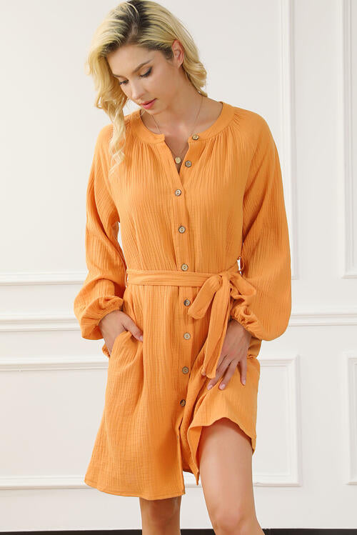 Tied Button Front Balloon Sleeve Dress