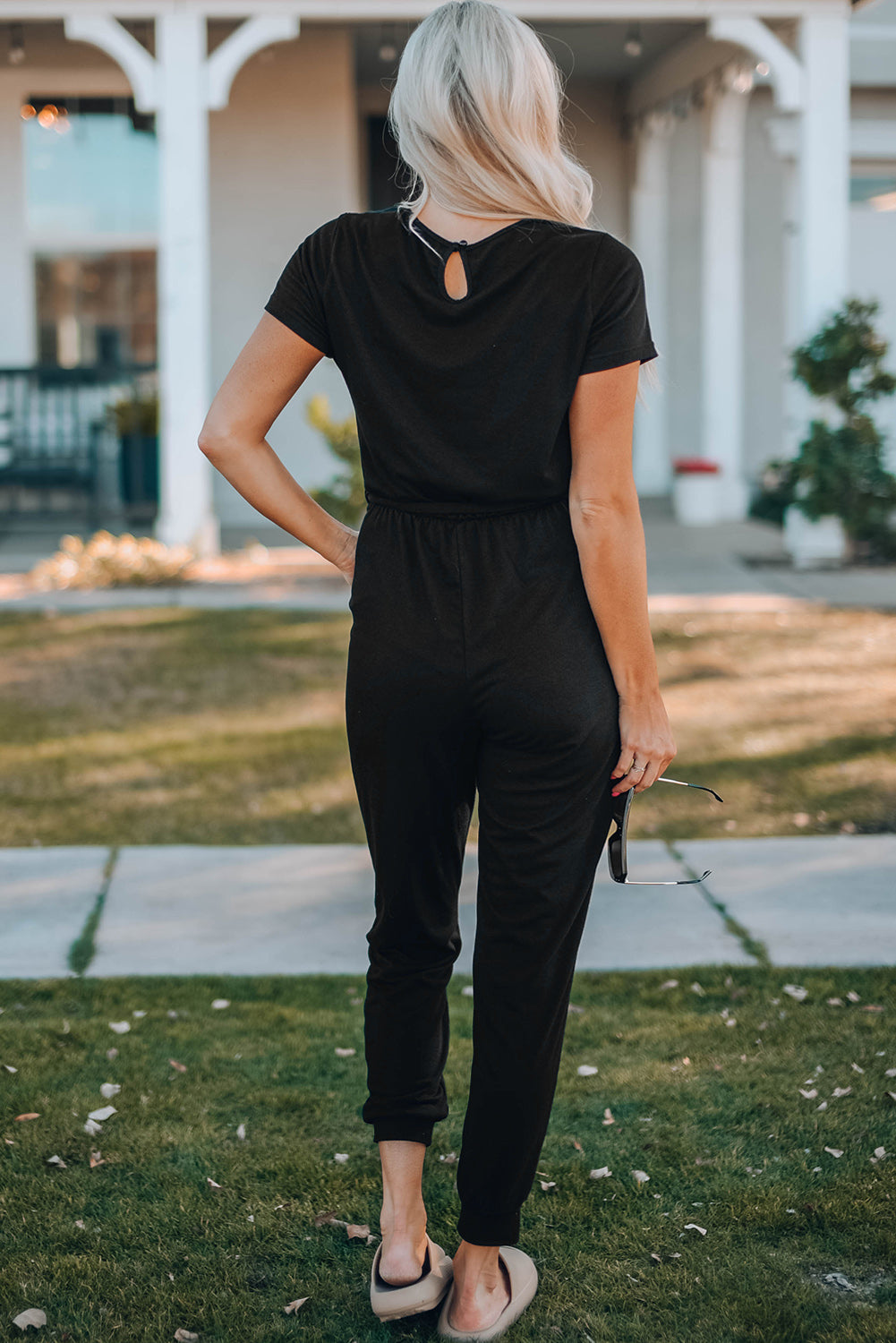 Belted V-Neck Jogger Jumpsuit - SHIRLYN.CO