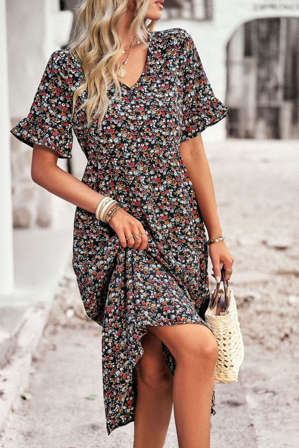 Floral V-Neck Flounce Sleeve Midi Dress - SHIRLYN.CO