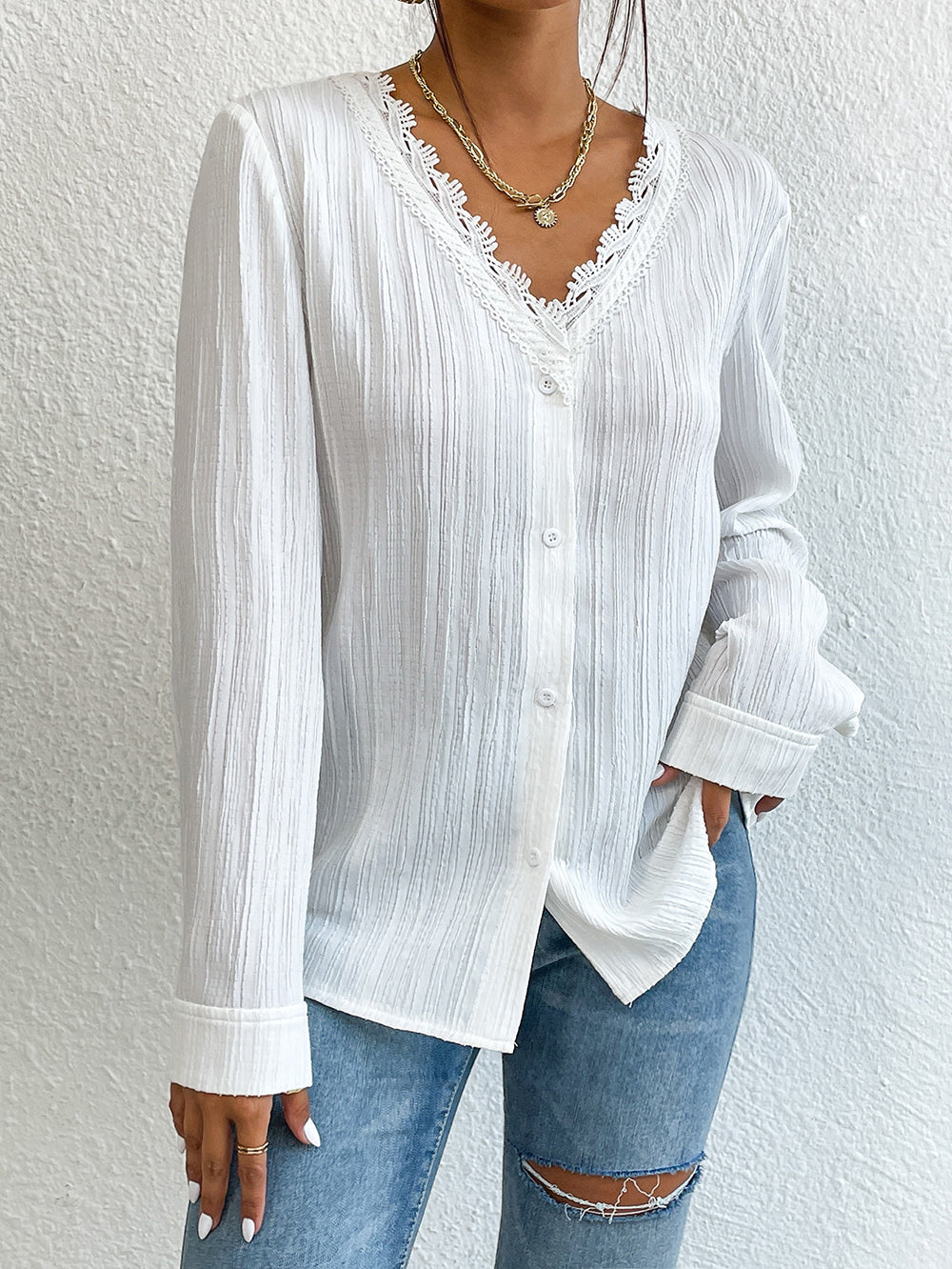 Lace Trim V-Neck Long Sleeve Shirt - SHIRLYN.CO