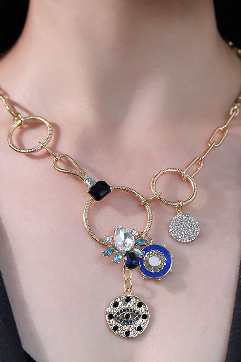 18K Gold-Plated Rhinestone Evil Eye Pendant Necklace - SHIRLYN.CO