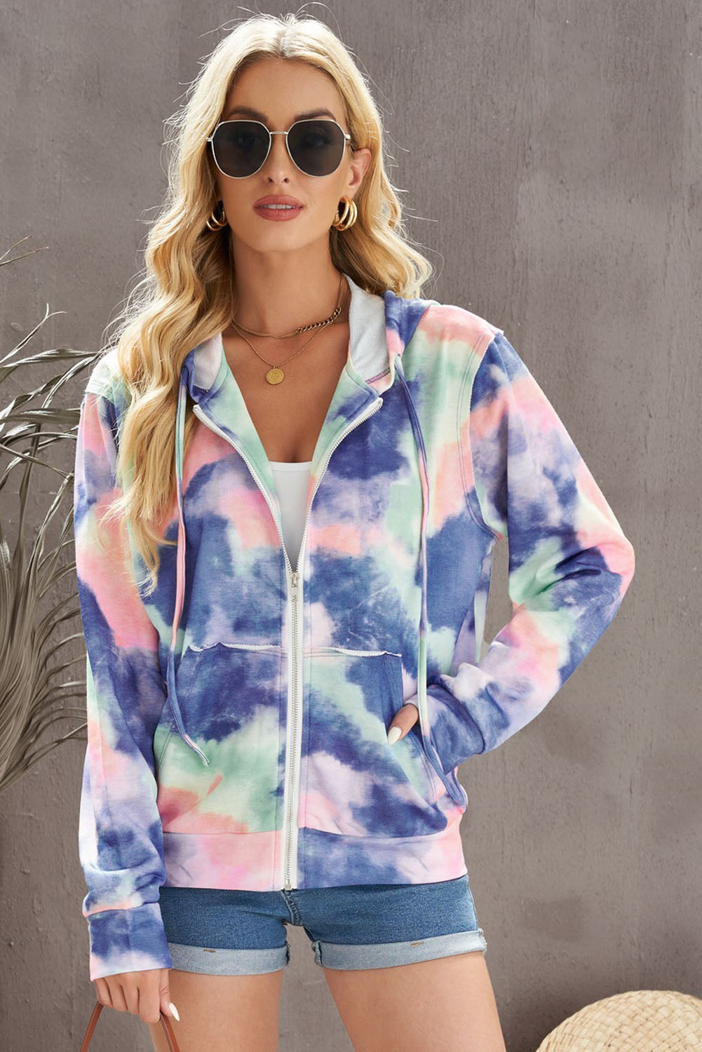 Tie-Dye Drawstring Detail Zip Up Hooded Jacket - SHIRLYN.CO