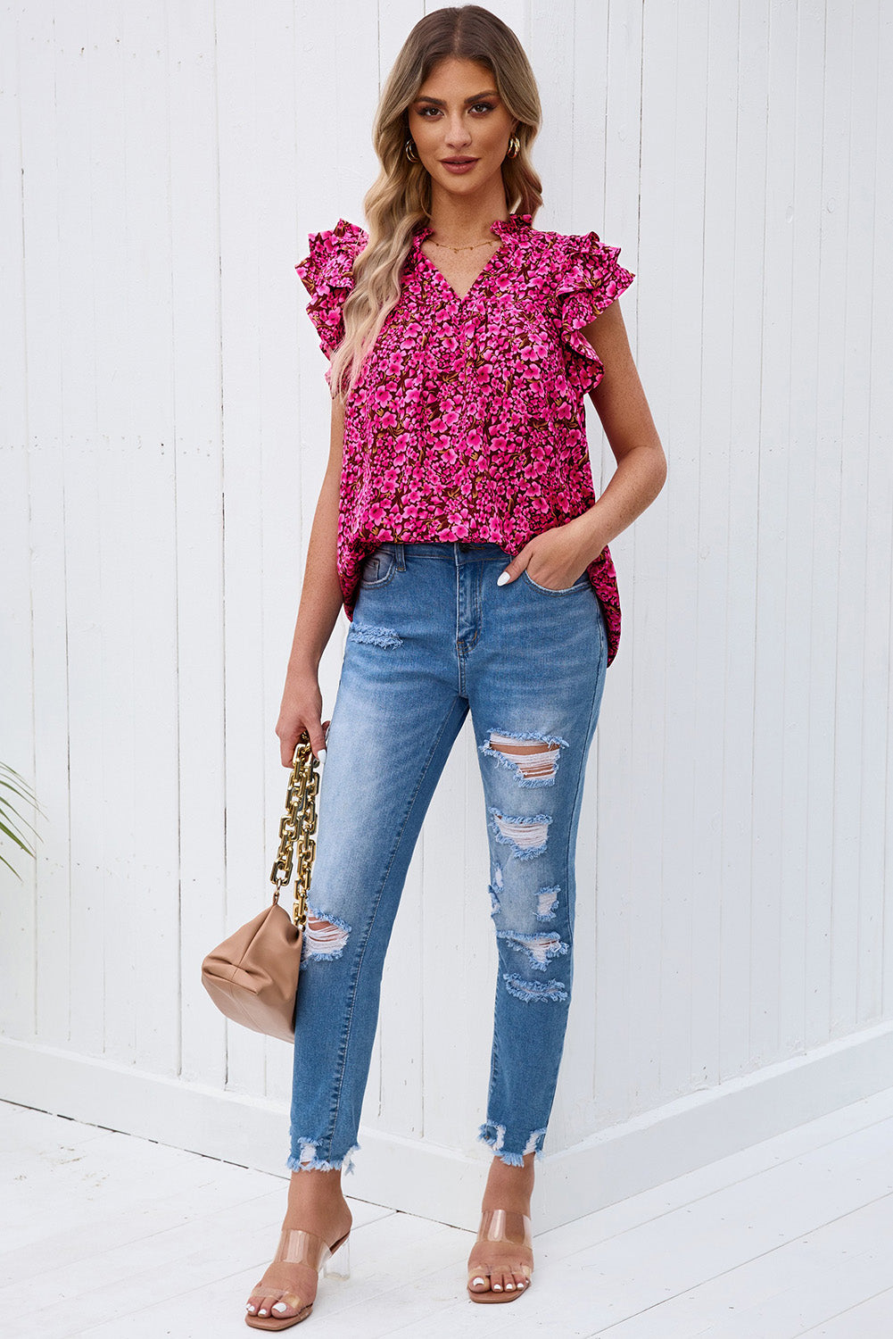 Floral Flutter Sleeve Notched Neck Blouse - SHIRLYN.CO