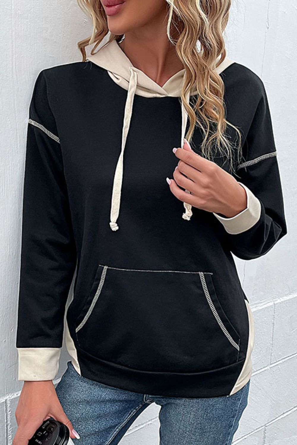 Contrast Drawstring Detail Drop Shoulder Hoodie - SHIRLYN.CO