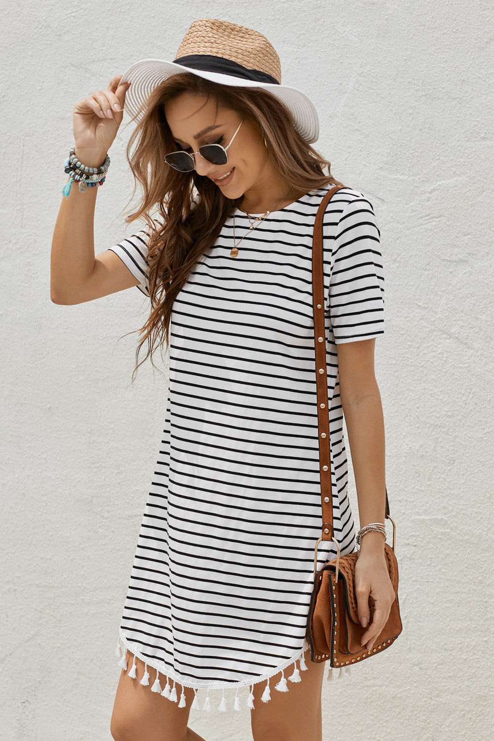 Striped Tassel Round Neck T-Shirt Dress - SHIRLYN.CO