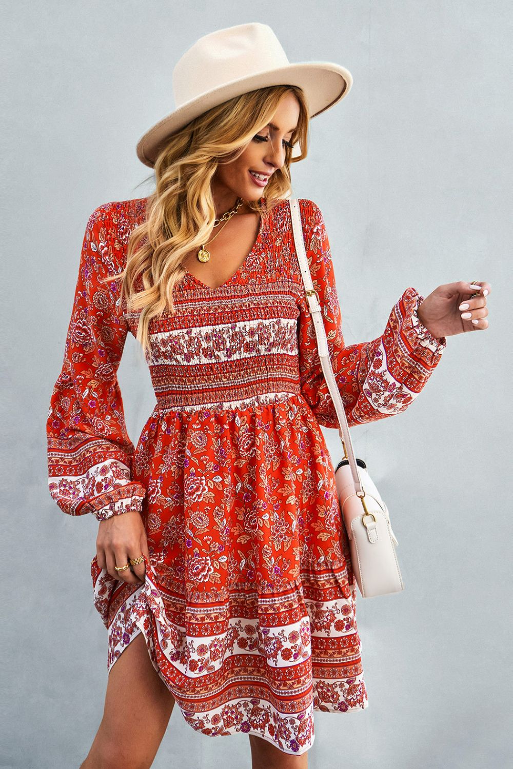 Bohemian V-Neck Balloon Sleeve Dress - SHIRLYN.CO