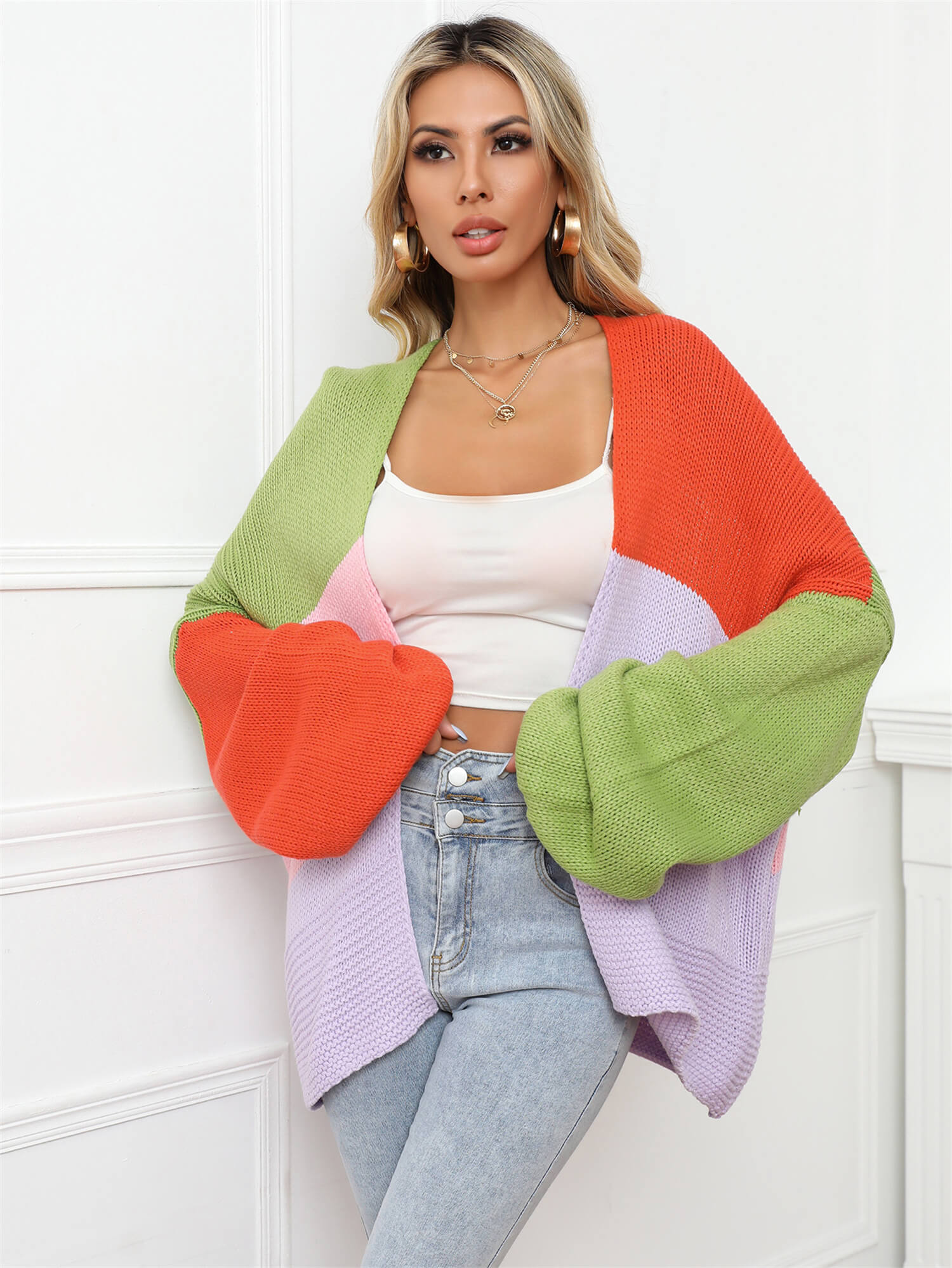 Color Block Open Front Balloon Sleeve Longline Cardigan - SHIRLYN.CO