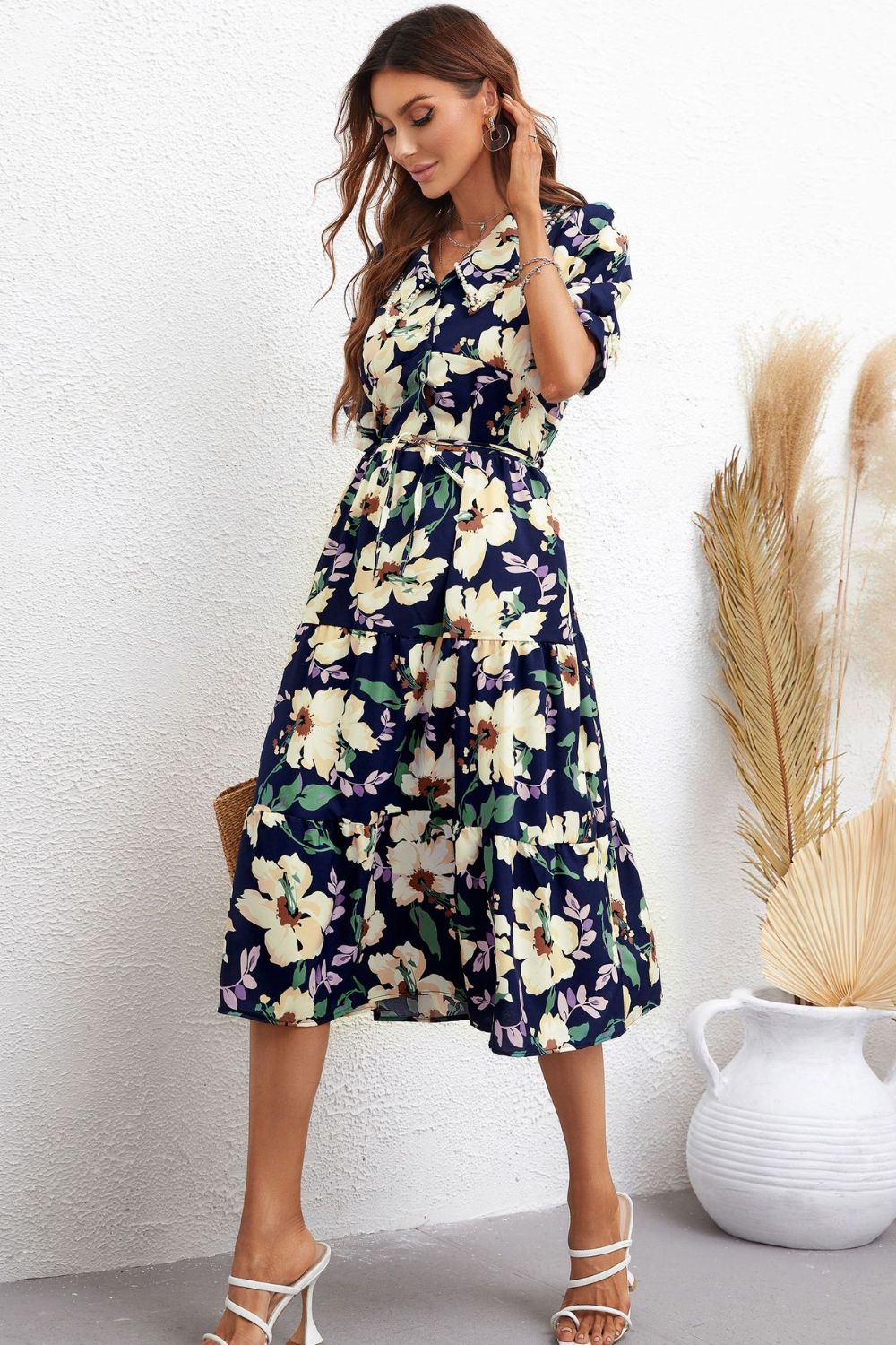 Floral Collared Neck Tiered Midi Dress - SHIRLYN.CO