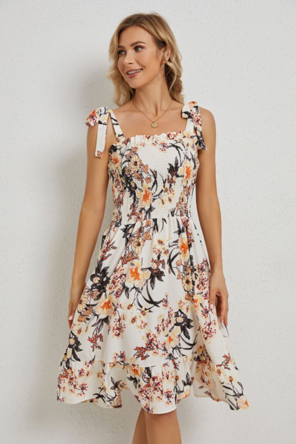 Floral Tie Shoulder Smocked Ruffle Hem Dress - SHIRLYN.CO