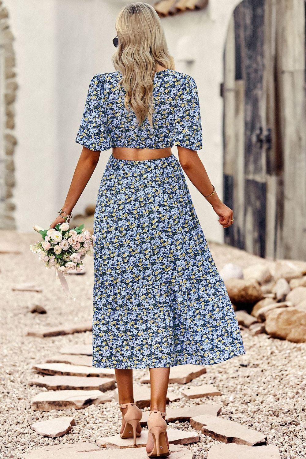Floral Cutout Puff Sleeve Midi Dress - SHIRLYN.CO