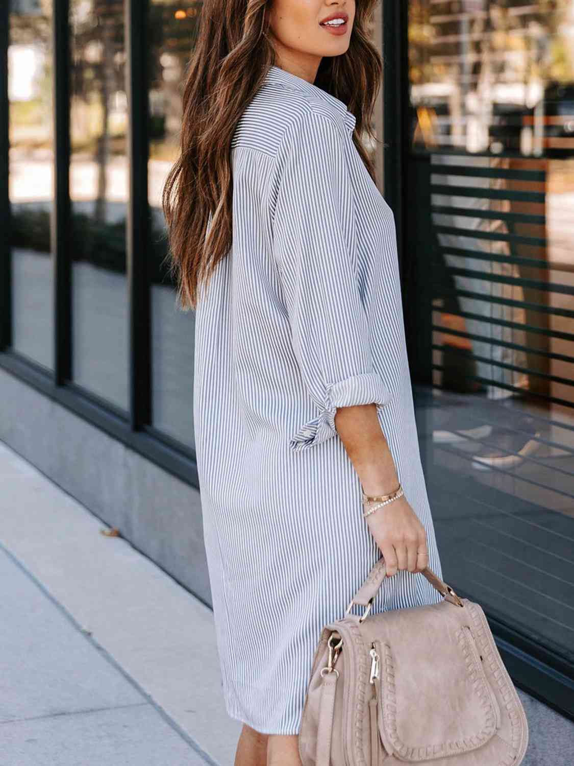 Striped Button Up Collared Neck Long Sleeve Shirt Dress