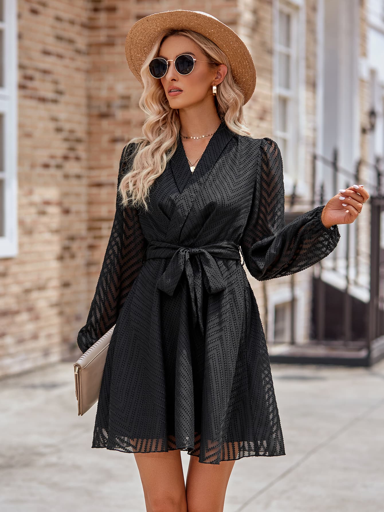 Belted Surplice Neck Long Sleeve Mini Dress - SHIRLYN.CO