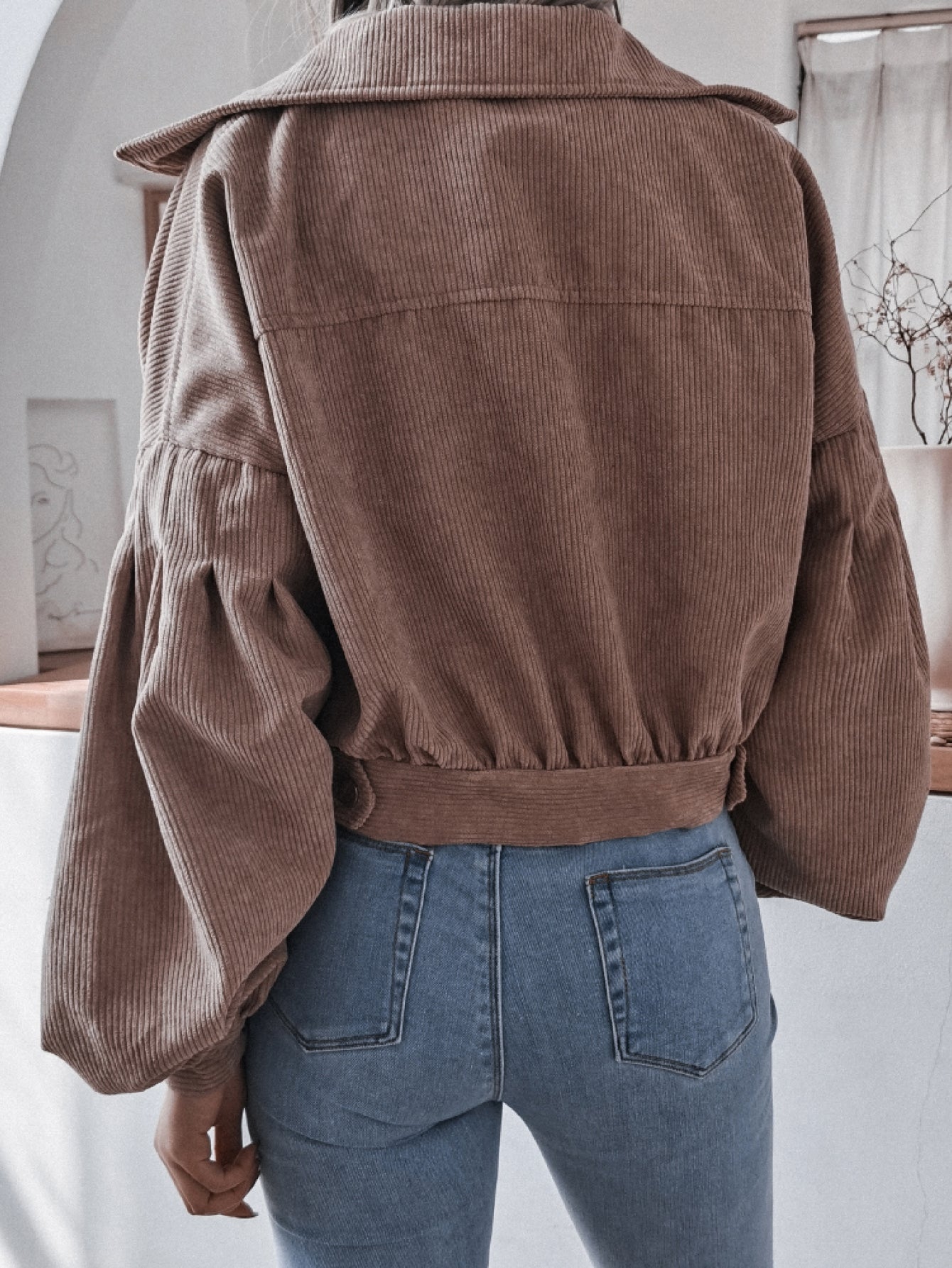 Lantern Sleeve Cropped Corduroy Jacket - SHIRLYN.CO