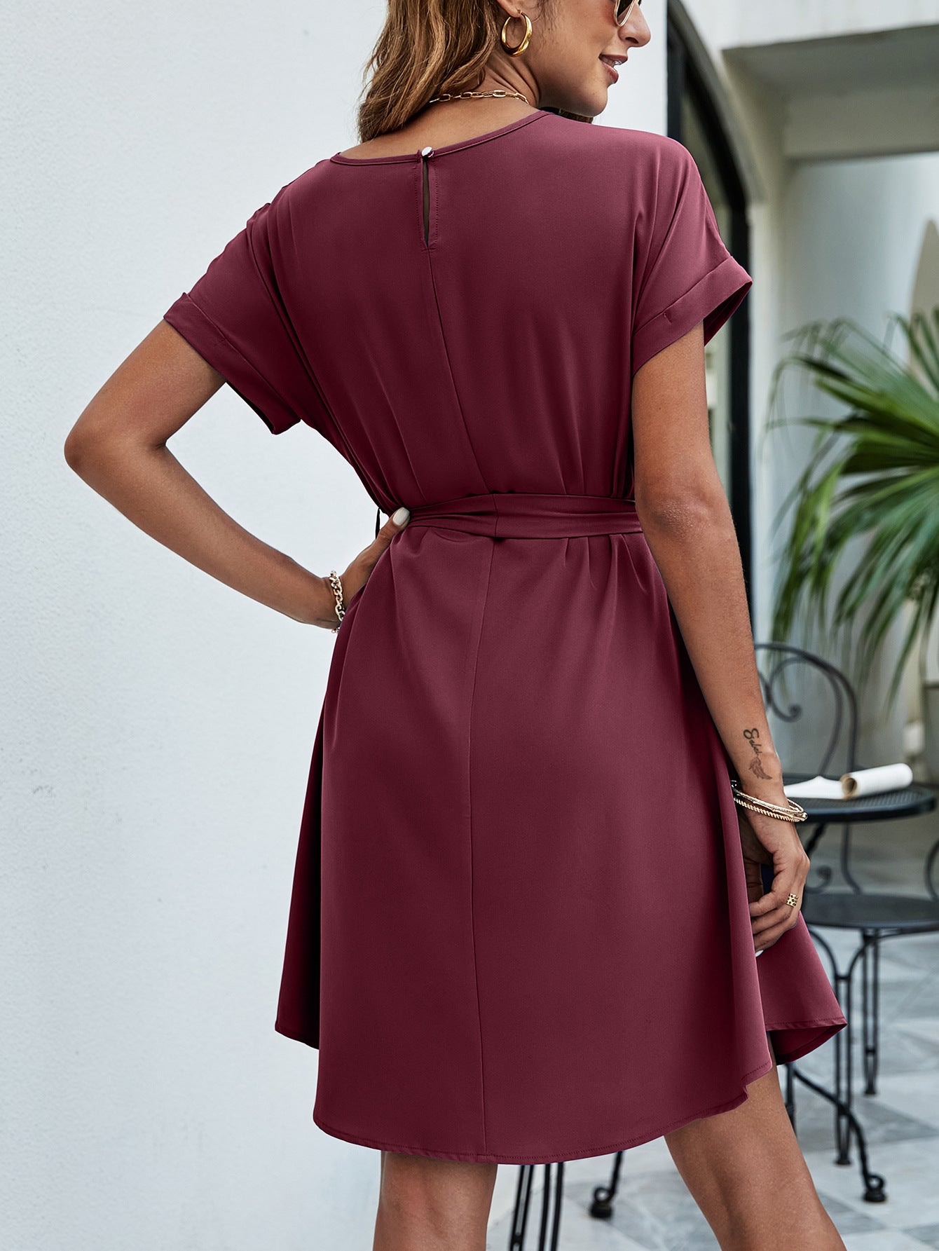 Belted Round Neck Curved Hem Dress - SHIRLYN.CO