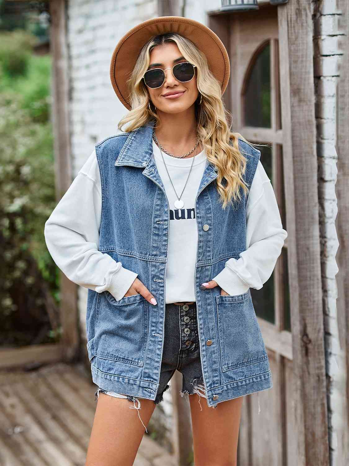 Button Front Sleeveless Denim Jacket