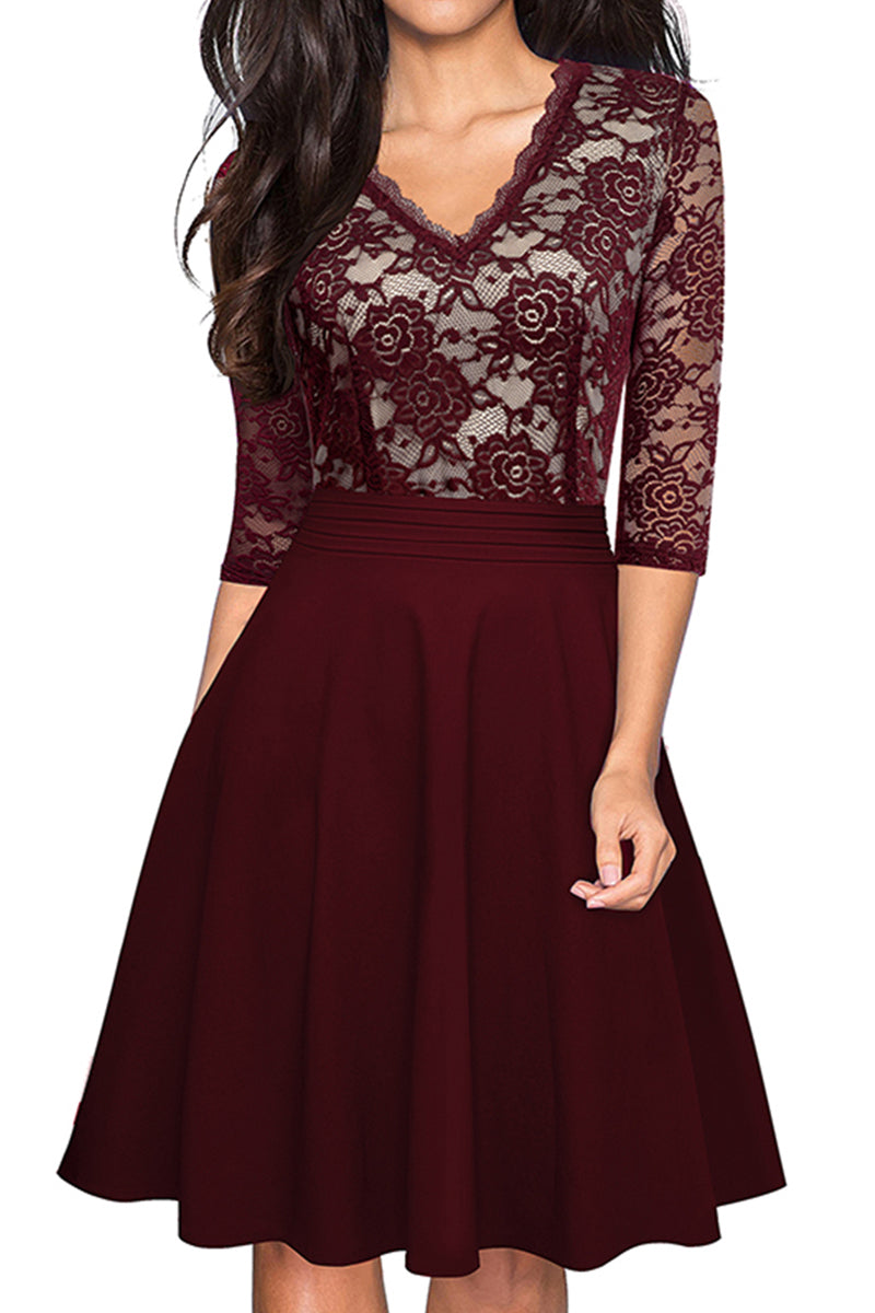 Editor's Choice: Shirlyn's Elegance in Lace: V-Neck Knee-Length Dress with Delicate Details