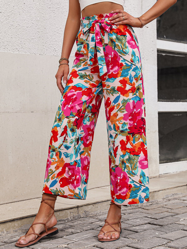 Floral Tie Belt Wide Leg Pants - SHIRLYN.CO