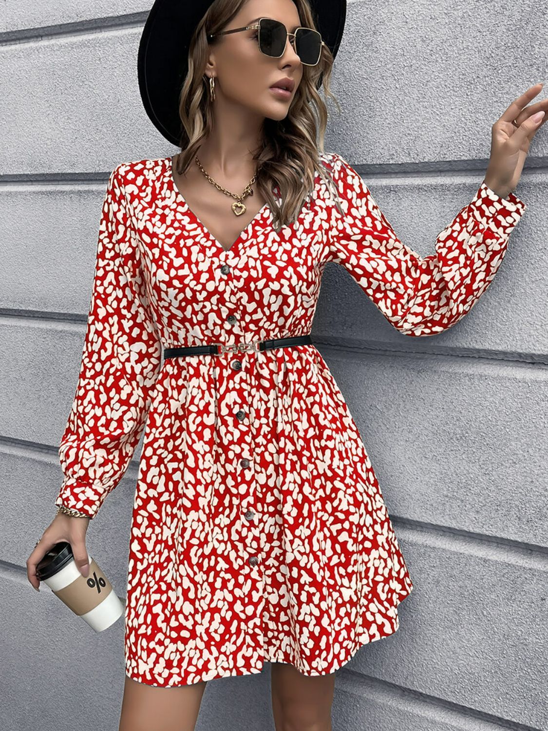 Animal Print Buttoned V-Neck Long Sleeve Dress - SHIRLYN.CO