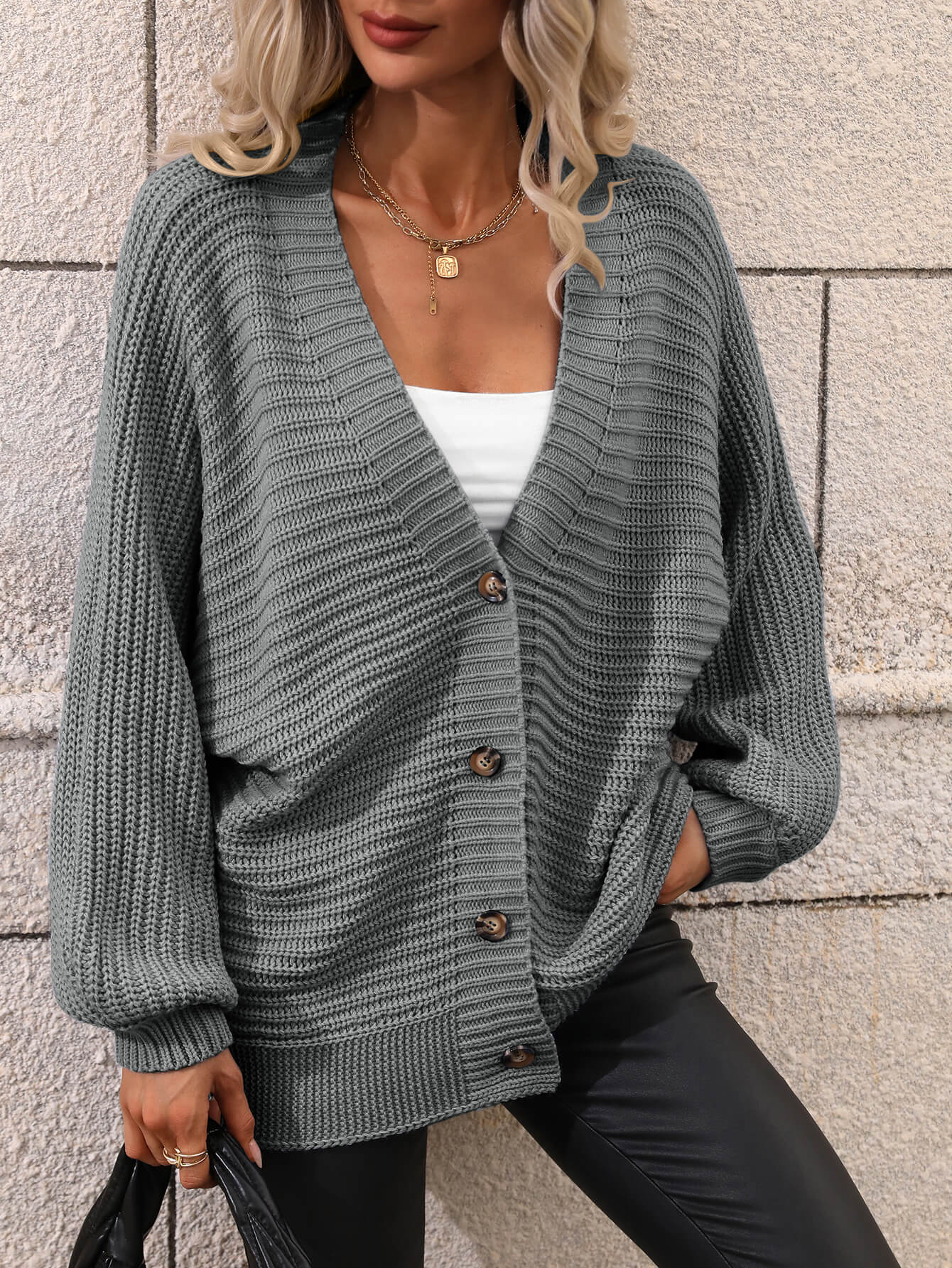 Button Down Horizontal-Ribbing Longline Cardigan - SHIRLYN.CO