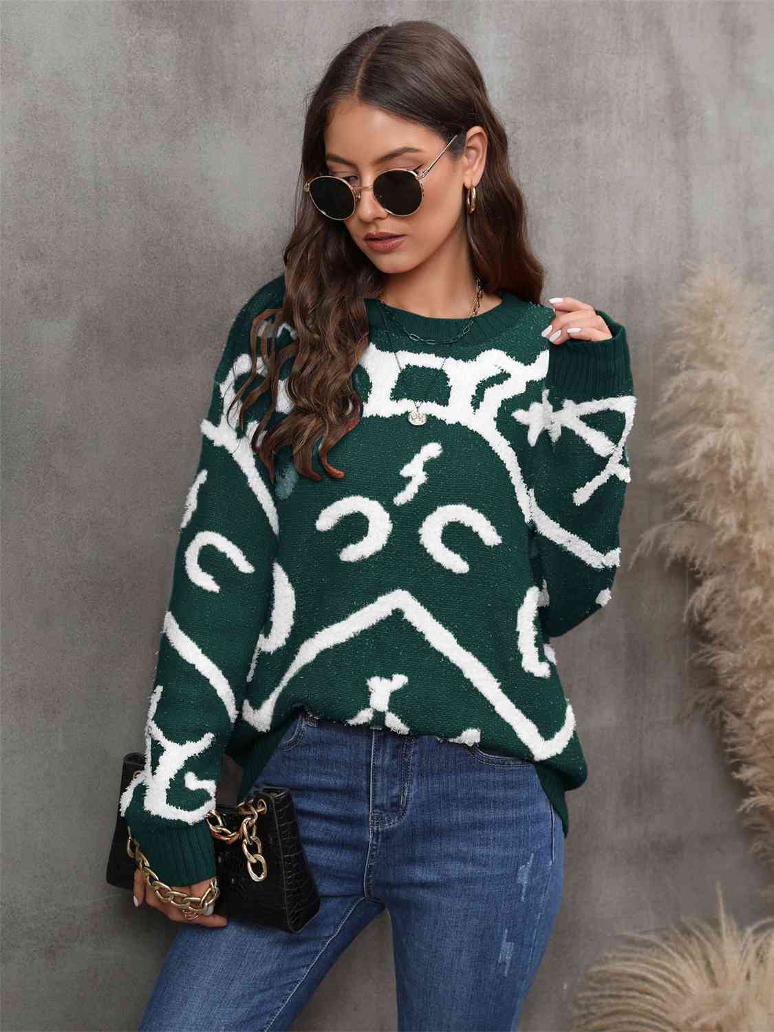 Printed Round Neck Long Sleeve Sweater