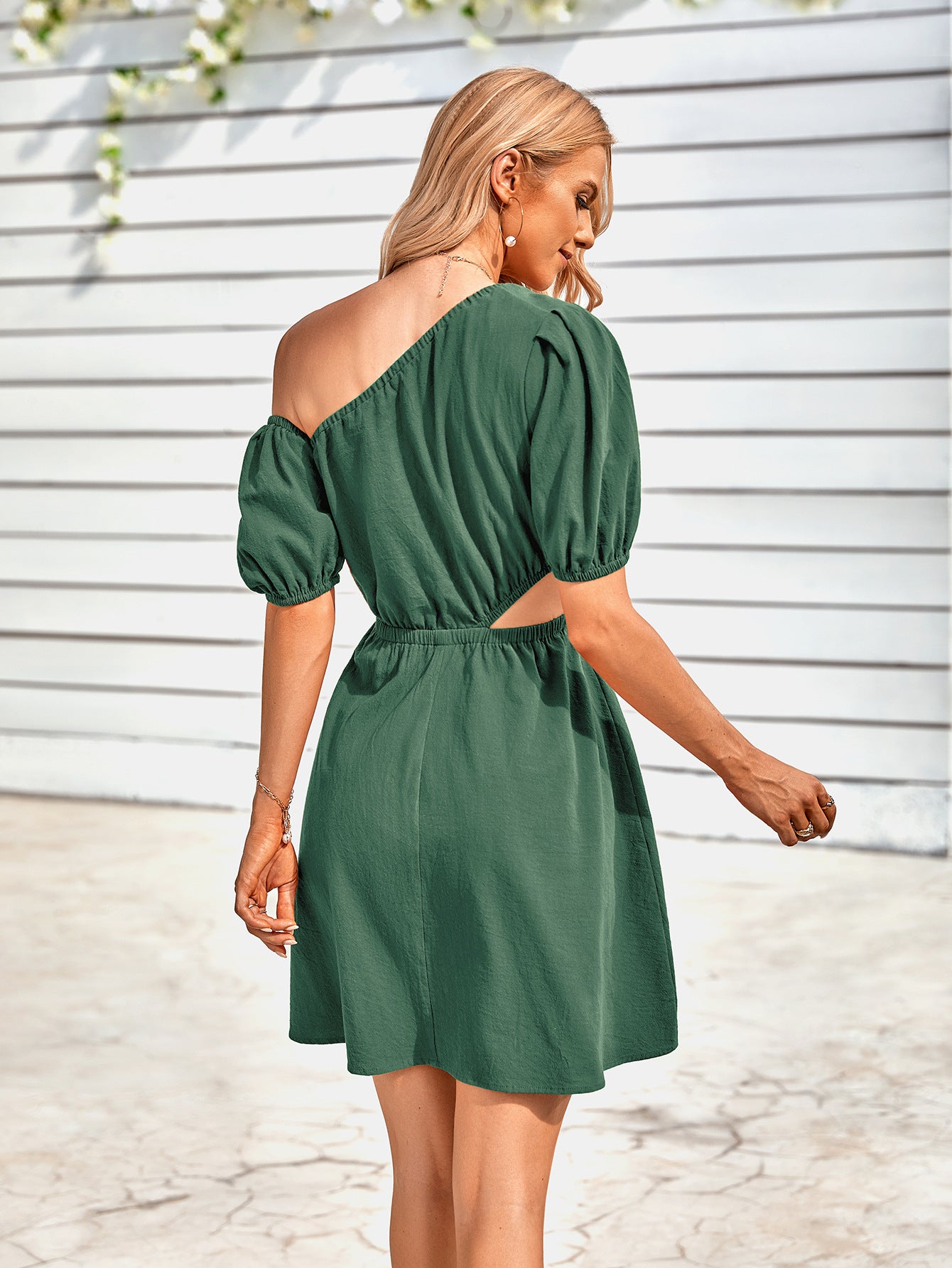 Cutout Asymmetrical Neck Puff Sleeve Dress - SHIRLYN.CO