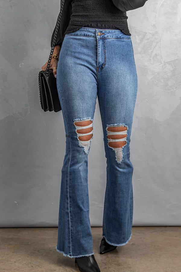 Distressed Raw Hem High-Waist Flare Jeans - SHIRLYN.CO