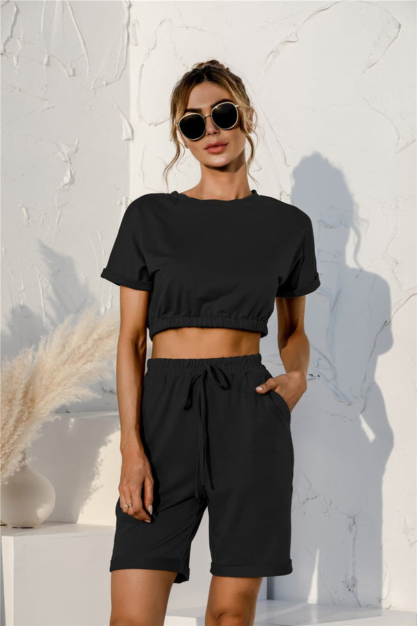 Short Sleeve Cropped Top and Drawstring Shorts Lounge Set - SHIRLYN.CO