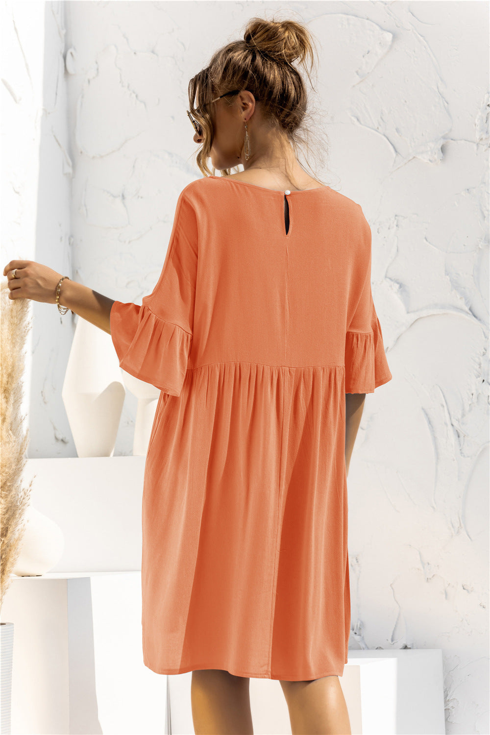 Boat Neck Flounce Sleeve Knee-Length Dress - SHIRLYN.CO