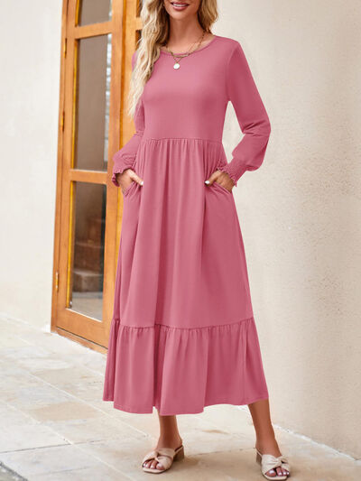 Round Neck Lantern Sleeve Ruffle Hem Dress