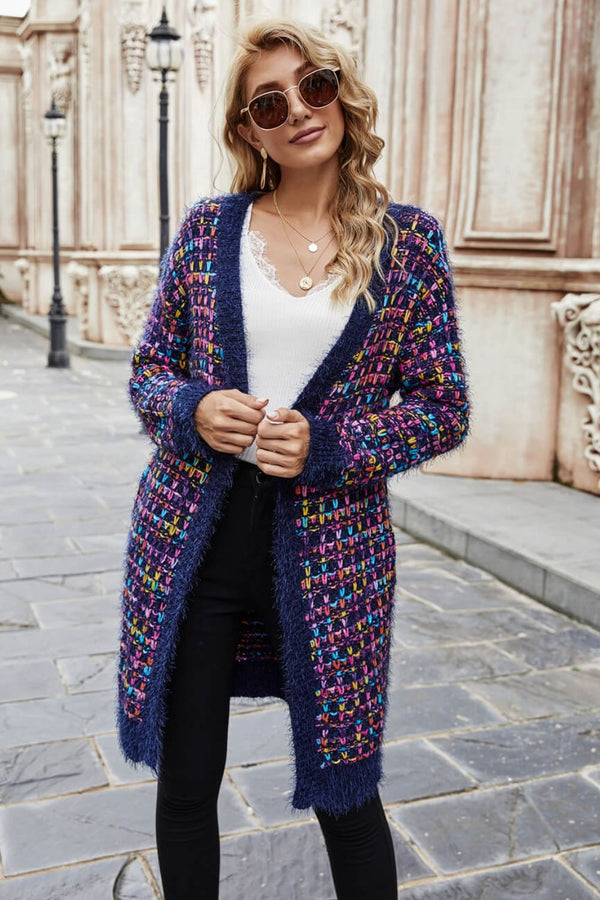 Multicolored Ribbed Trim Open Front Cardigan with Pockets - SHIRLYN.CO