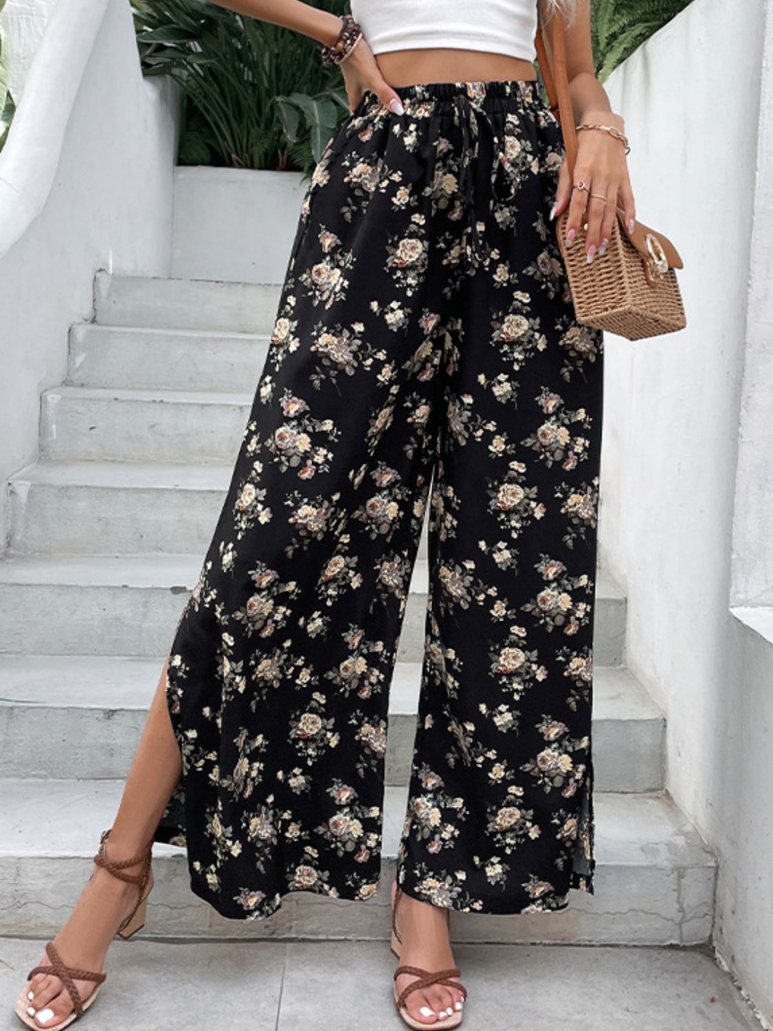 Floral Side Slit Wide Leg Pants - SHIRLYN.CO