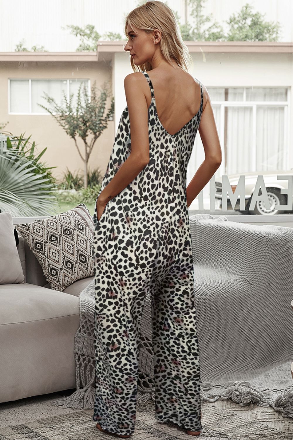 Animal Print Spaghetti Strap Jumpsuit with Pockets - SHIRLYN.CO