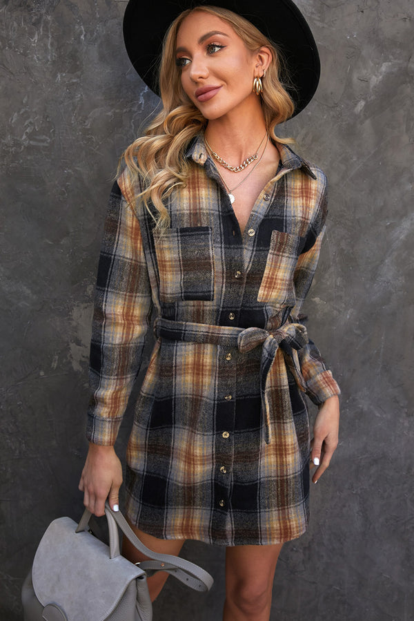 Plaid Tie Waist Button Down Shirt Dress - SHIRLYN.CO