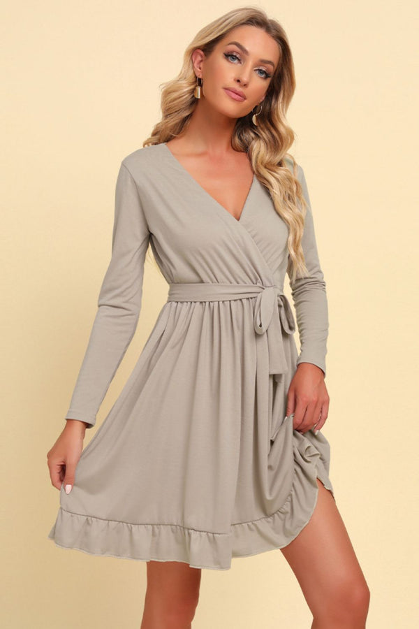 Long Sleeve Tie Waist Ruffle Hem Dress - SHIRLYN.CO